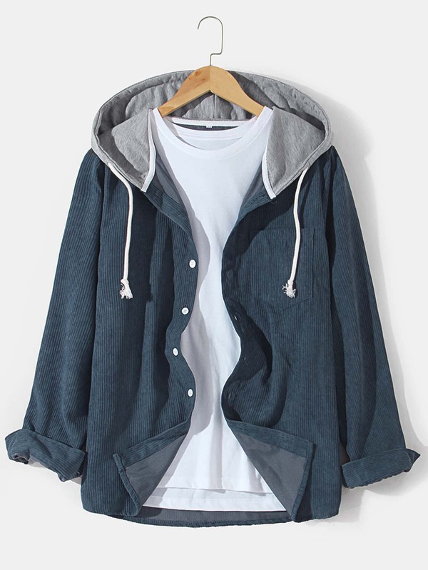 Manfinity Hypemode Men Pocket Front Drawstring Hooded Corduroy Shirt Without Tee, Baggy Long Sleeve Button Up Color Block Shirt