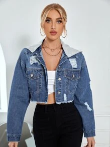 Cazadora mezclilla bajo crudo con capucha - Azul lavado oscuro - Ver 4