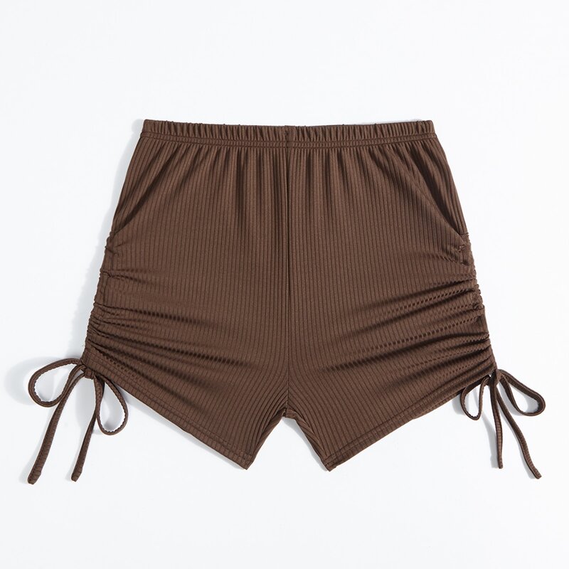 

Solid Drawstring Ruched Shorts, Coffee brown