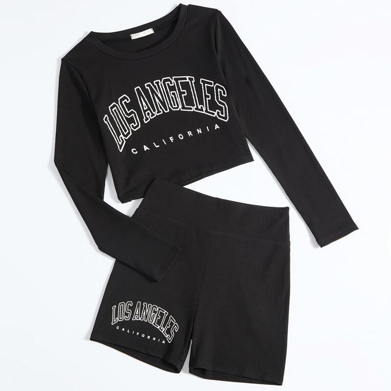 

Letter Print Tee & Shorts, Black