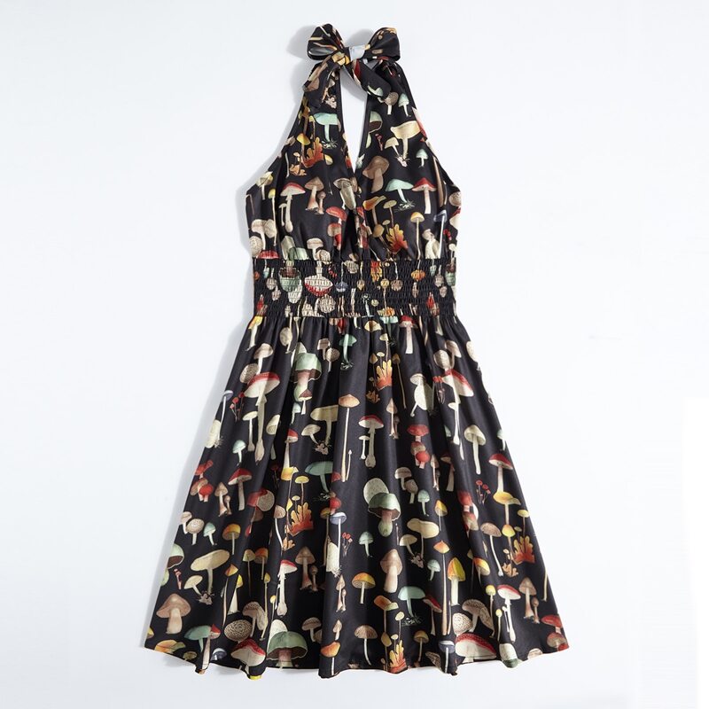 

Mushroom Print Shirred Halter Dress, Multicolor