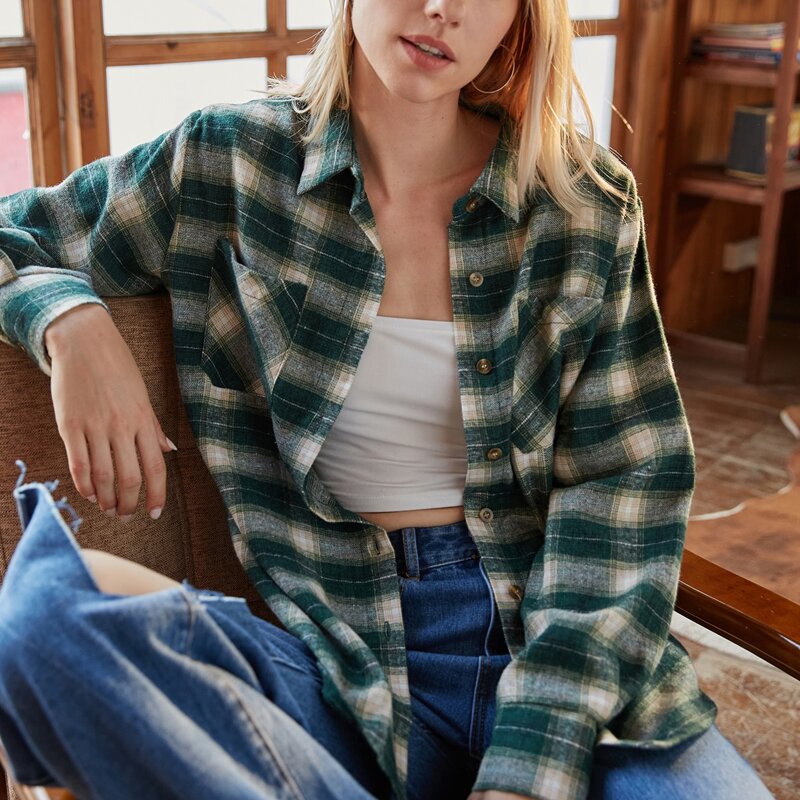 

Plaid Button Front Pocket Oversized Blouse, Multicolor