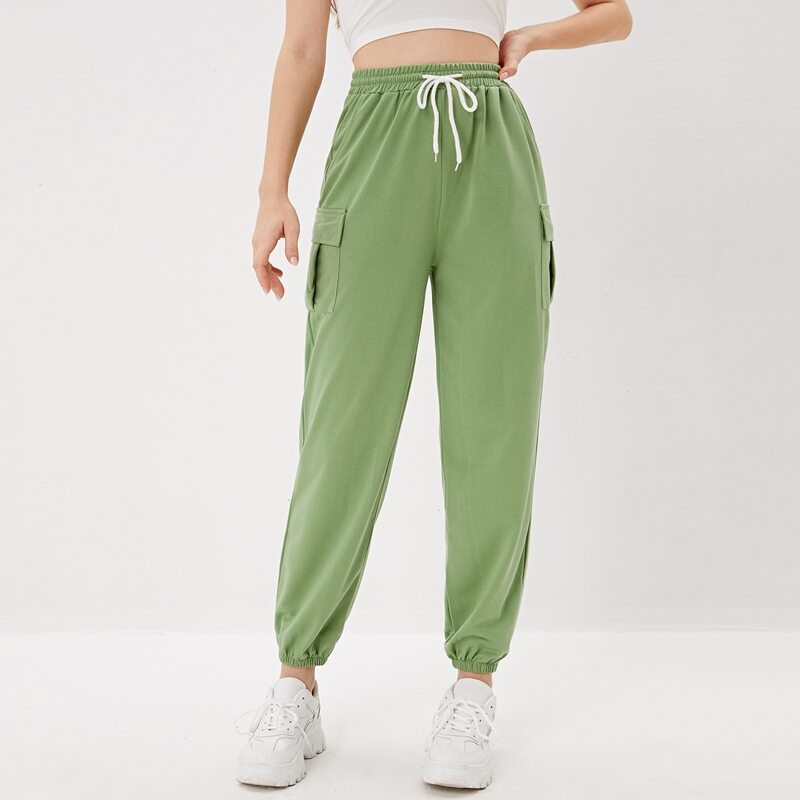 

Solid Drawstring Cargo Sweatpants, Lime green