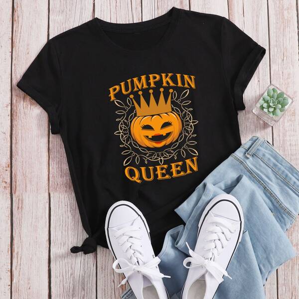 

Letter & Halloween Pumpkin Print Tee, Black