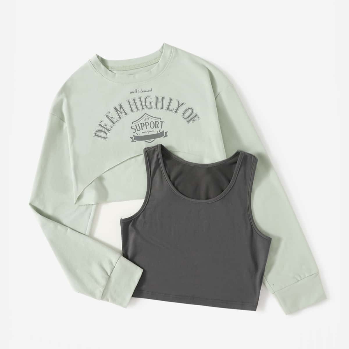 

Letter Super Crop Tee & Solid Tank Top, Multicolor
