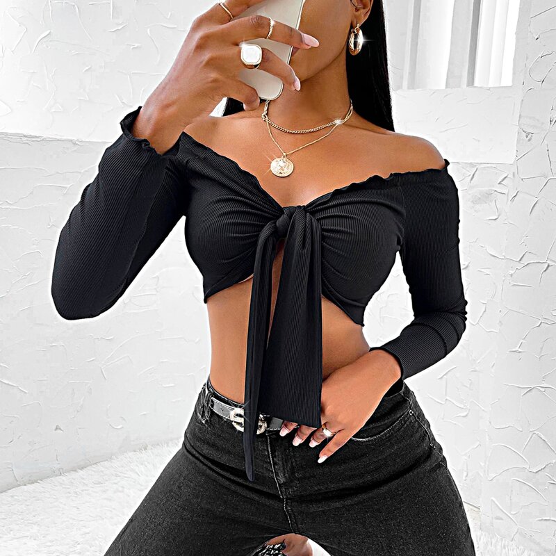 

Solid Tie Front Off The Shoulder Top, Black