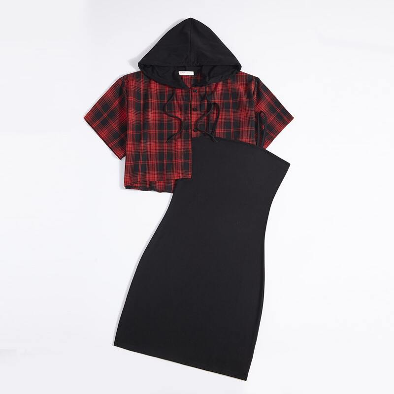 

Plaid Hooded Top & Cami Dress, Multicolor