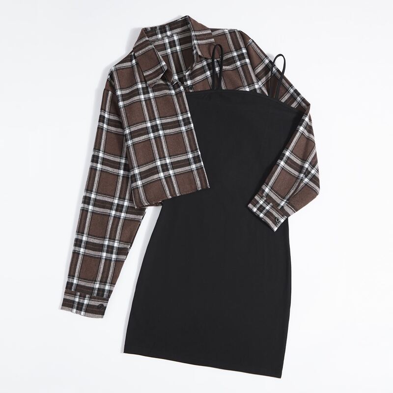 

Solid Cami Dress & Plaid Button Front Blouse, Multicolor