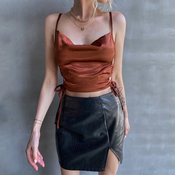 

Satin Draped Front Lace Up Side Cami Top, Rust brown