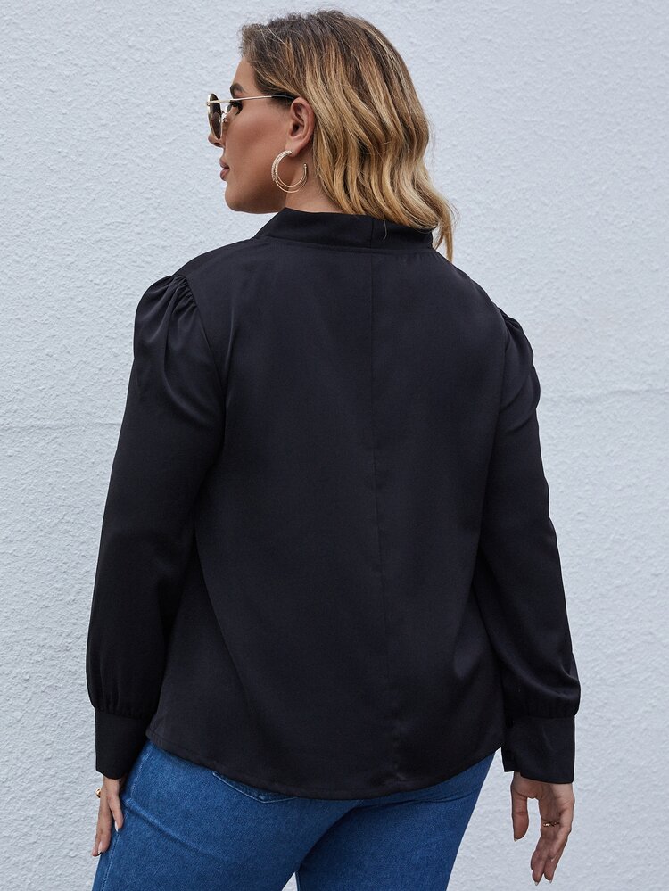 SHEIN LUNE Plus Tie Neck Puff Sleeve Blouse - Black - View 2