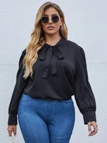 SHEIN LUNE Blusa de cuello con cordón de manga farol - Negro - Ver 3