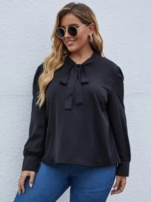 SHEIN LUNE Blusa de cuello con cordón de manga farol - Negro - Ver 4