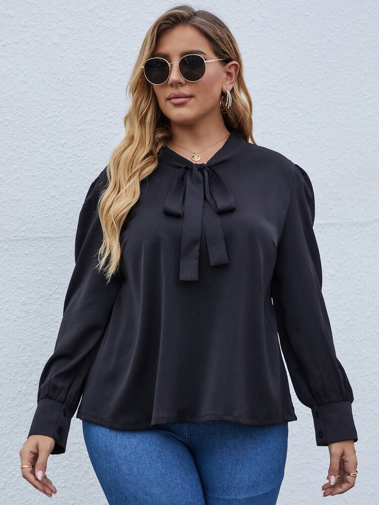 SHEIN LUNE Plus Tie Neck Puff Sleeve Blouse - Black - View 5