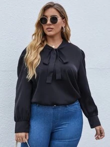 SHEIN LUNE Blusa de cuello con cordón de manga farol - Negro - Ver 6