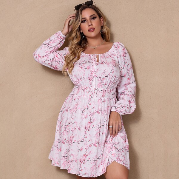 

Plus Floral Print Tie Neck Shirred Dress, White
