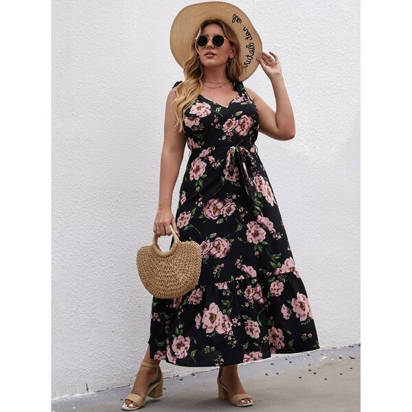 

Plus Floral Print Tie Shoulder Belted Dress, Black