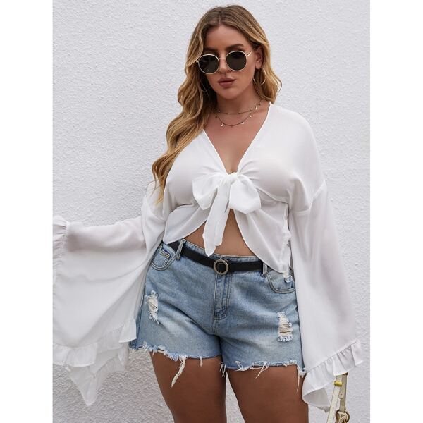 

Plus Knot Front Flounce Sleeve Top, White