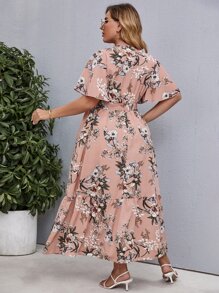 SHEIN Clasi Plus Floral Print Butterfly Sleeve Belted Dress For Summer - Coral Pink - View 2