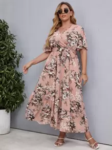 SHEIN Clasi Plus Floral Print Butterfly Sleeve Belted Dress For Summer - Coral Pink - View 6