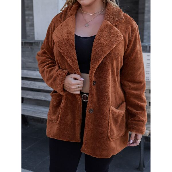 

Plus Lapel Neck Dual Pocket Teddy Coat, Camel