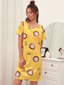SHEIN Unity Slogan & Cartoon Graphic Night Dress - Yellow - View 3