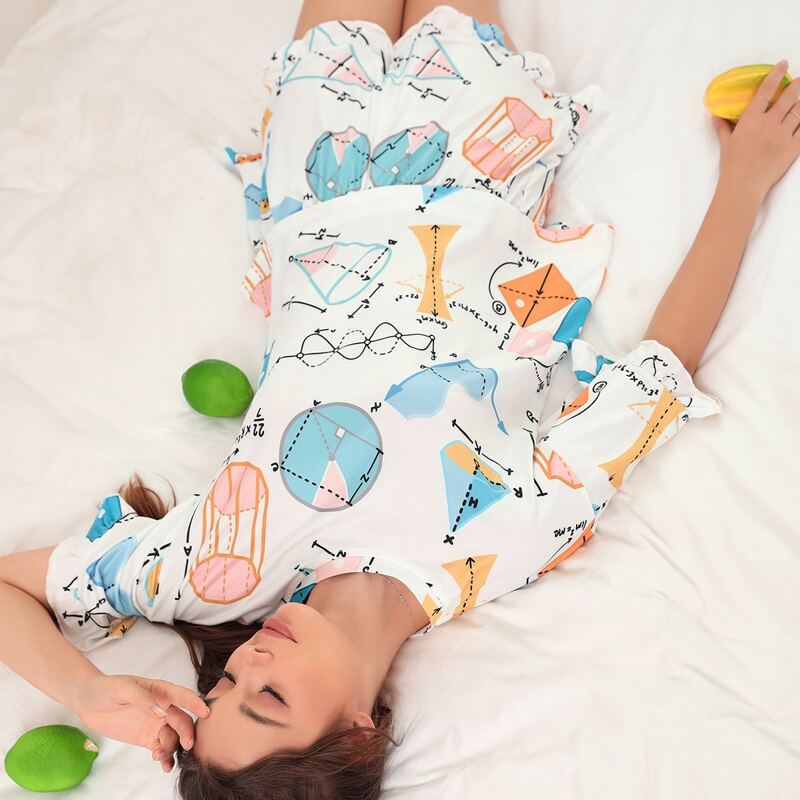 

Letter & Graphic Print Ruffle Hem PJ Set, Multicolor