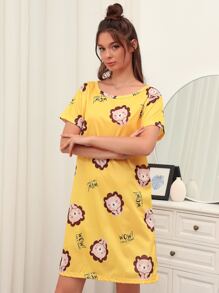 SHEIN Unity Slogan & Cartoon Graphic Night Dress - Yellow - View 4