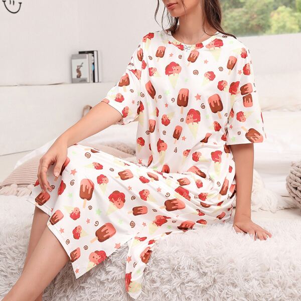 

Cartoon Graphic Drop Shoulder Split Hem Sleepshirt, Multicolor