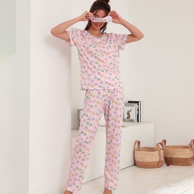 

Allover Heart Print PJ Set With Eye Cover, Baby pink