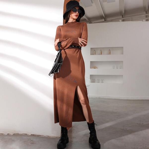 

Mock Neck Split Thigh Sweater Dress Without Belt, Rust brown