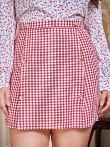 Plus Gingham Print Button Detail Skirt - Red and White - View 1