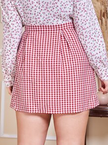 Plus Gingham Print Button Detail Skirt - Red and White - View 2
