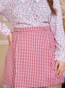 Plus Gingham Print Button Detail Skirt - Red and White - View 5