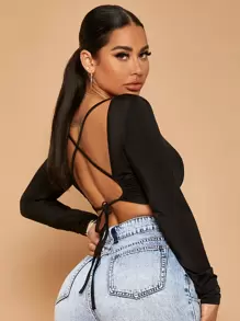 SHEIN SXY Áo thun nữ Lộ Lưng Hội Chữ thập Buộc lại màu trơn Gợi cảm - màu đen - Xem 1