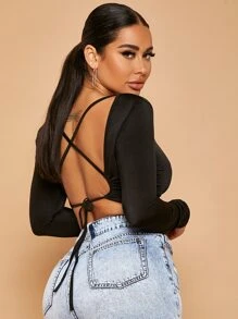 SHEIN SXY Áo thun nữ Lộ Lưng Hội Chữ thập Buộc lại màu trơn Gợi cảm - màu đen - Xem 3
