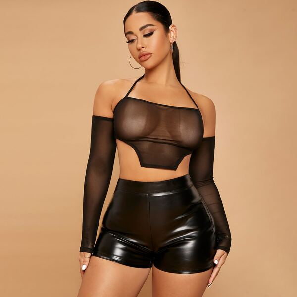 

Backless Irregular Hem Crop Sheer Mesh Halter Top, Black