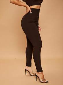 SHEIN SXY Quần tất nữ Gân đan màu trơn Cơ bản - Màu nâu Sô-cô-la - Xem 1