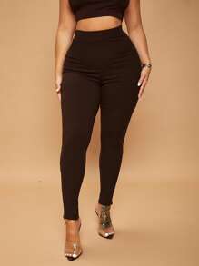 SHEIN SXY Quần tất nữ Gân đan màu trơn Cơ bản - Màu nâu Sô-cô-la - Xem 3