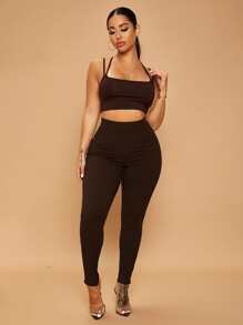 SHEIN SXY Quần tất nữ Gân đan màu trơn Cơ bản - Màu nâu Sô-cô-la - Xem 4