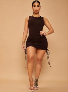 SHEIN SXY Cut Out Drawstring Side Bodycon Dress - Chocolate Brown - View 2