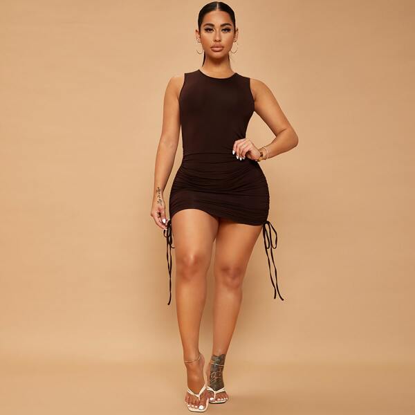 

Cut Out Drawstring Side Bodycon Dress, Chocolate brown