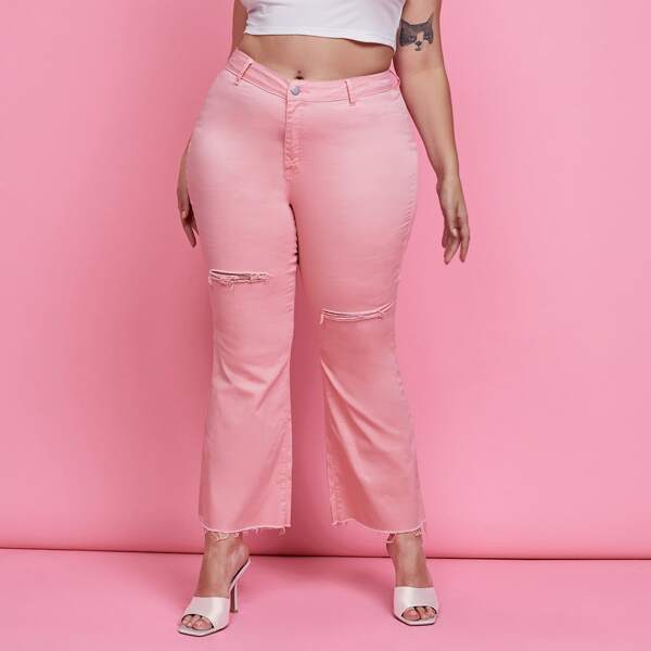 

Plus Ripped Raw Hem Jeans, Pink