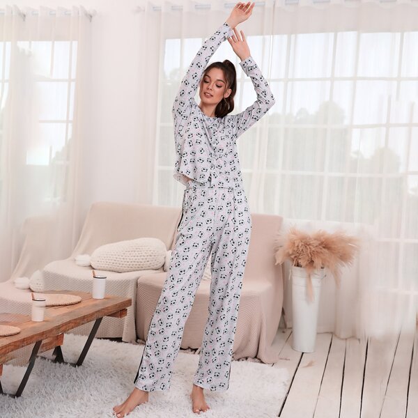 

Panda And Heart Print Pajama Set, Grey