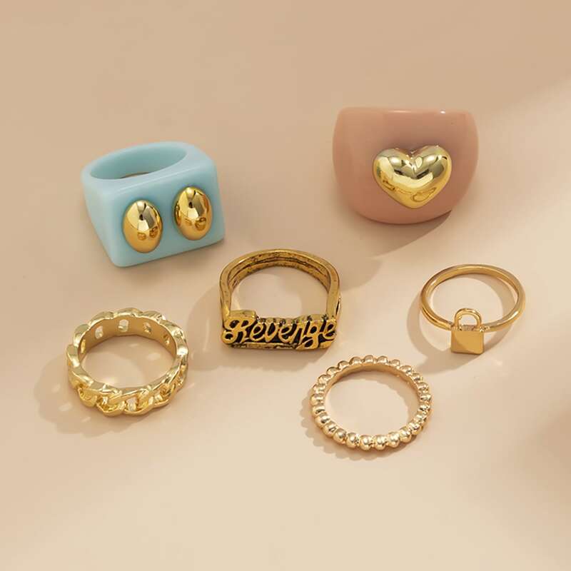 

6pcs Heart & Letter Decor Ring, Gold