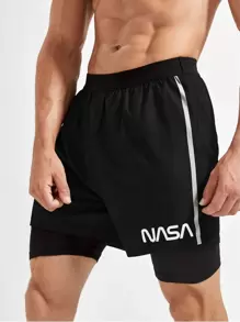 SHEIN Fitness Shorts deportivos de estilo novio de 2 en 1 con bloques de color y gráfico de letras para hombres - Negro - Ver 1