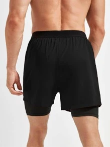 SHEIN Fitness Shorts deportivos de estilo novio de 2 en 1 con bloques de color y gráfico de letras para hombres - Negro - Ver 2