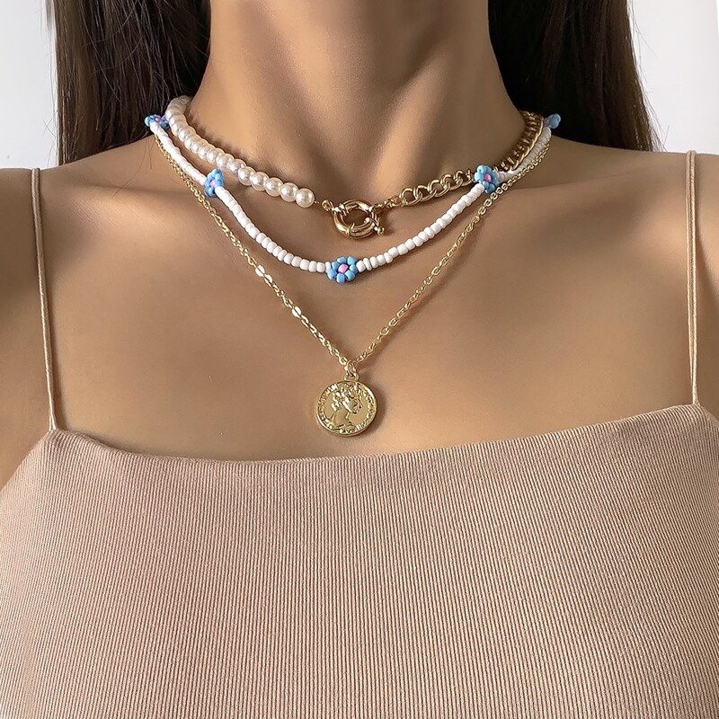 

3pcs Coin & Letter Decor Necklace, Gold