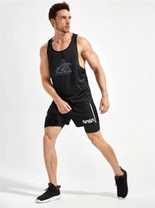 SHEIN Fitness Shorts deportivos de estilo novio de 2 en 1 con bloques de color y gráfico de letras para hombres - Negro - Ver 4