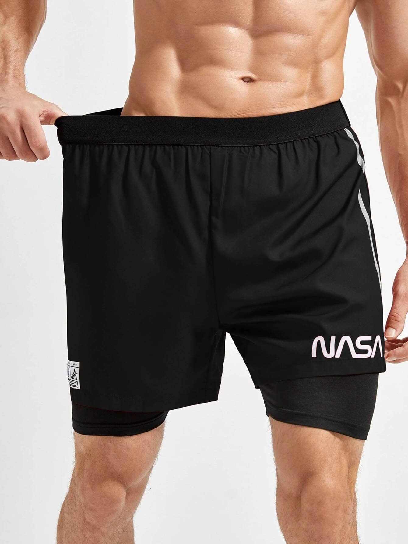 SHEIN Fitness Boyfriend Style Men 2 In 1 Colorblock Letter Graphic Sports Shorts - Black - View 5