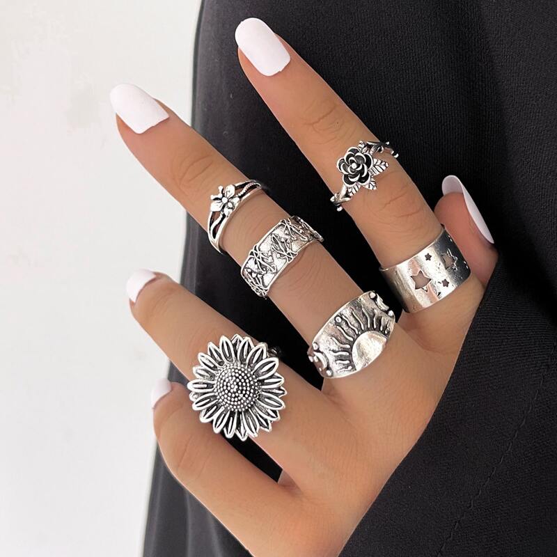 

6pcs Floral Decor Ring, Antique silver